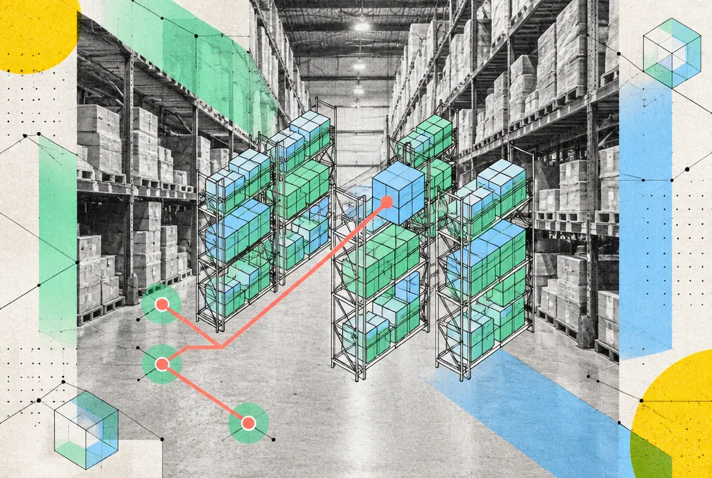 A calm isometric warehouse grid of shelves and inventory blocks, with one restrained red route linking demand signals to stock decisions.