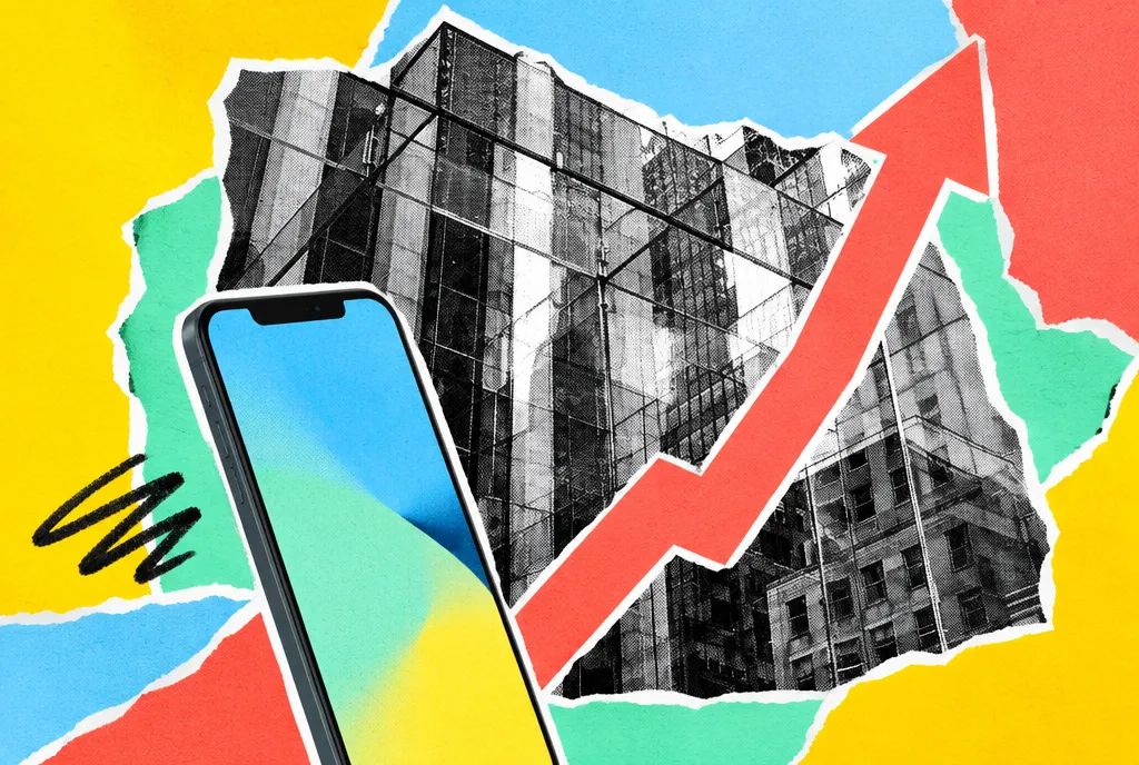A glass store facade reflecting city towers in black-and-white halftone, with an unbranded smartphone and a coral rising arrow on torn colour paper.