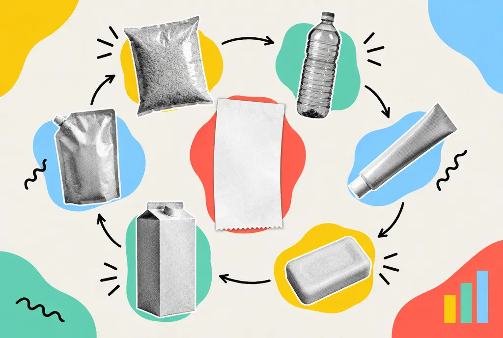 Everyday packaged food, personal care and household products arranged around a single plain receipt, with a muted red accent.