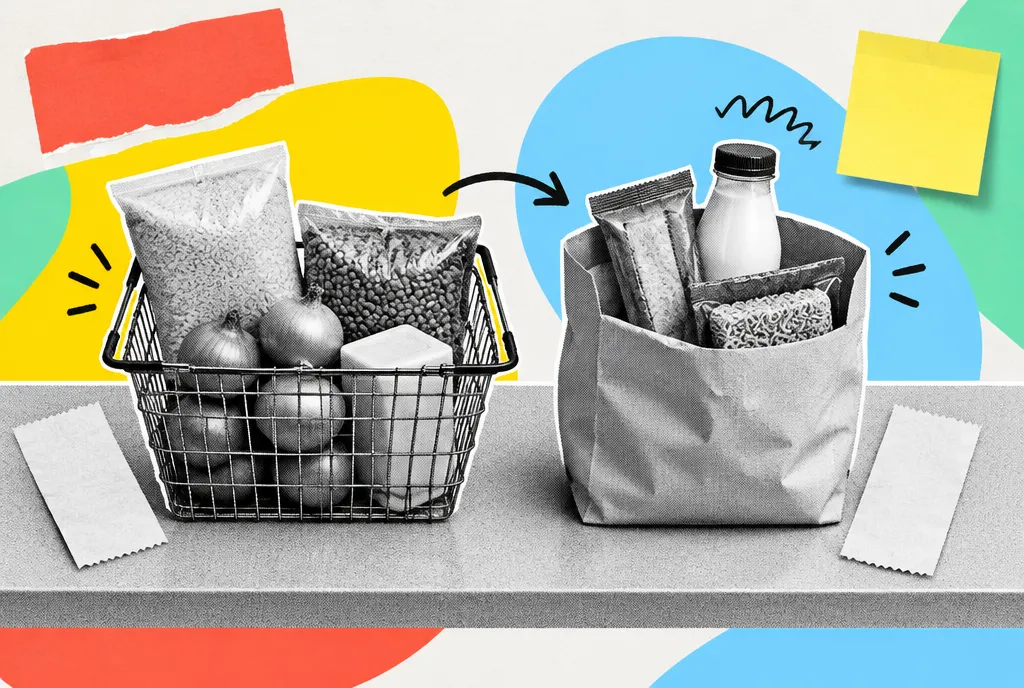 Two contrasting baskets on one countertop, one of carefully chosen essentials and one of a quick convenience order, with unbranded receipts in soft shadow.