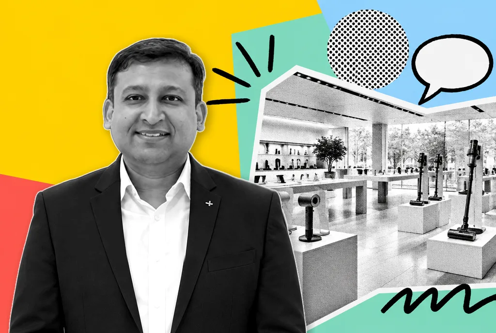 Abhinav Sharan in a dark blazer, cut out in black and white against yellow, coral and mint panels and a halftone picture of a premium product demo store.