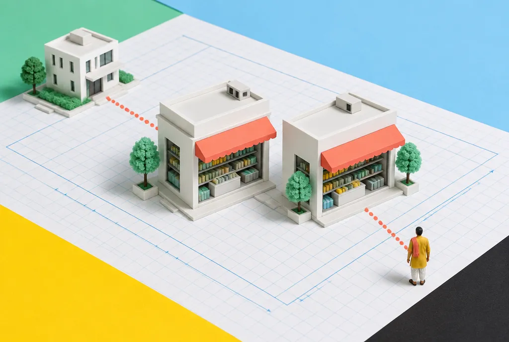 Two identical storefronts drawn side by side on a warm-white background, one linked by a red line to a central office, the other to a single operator.