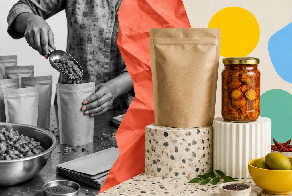 A diptych pairing a food brand's packing line on the left with the same products on a supermarket shelf on the right, both in matching colour treatment.