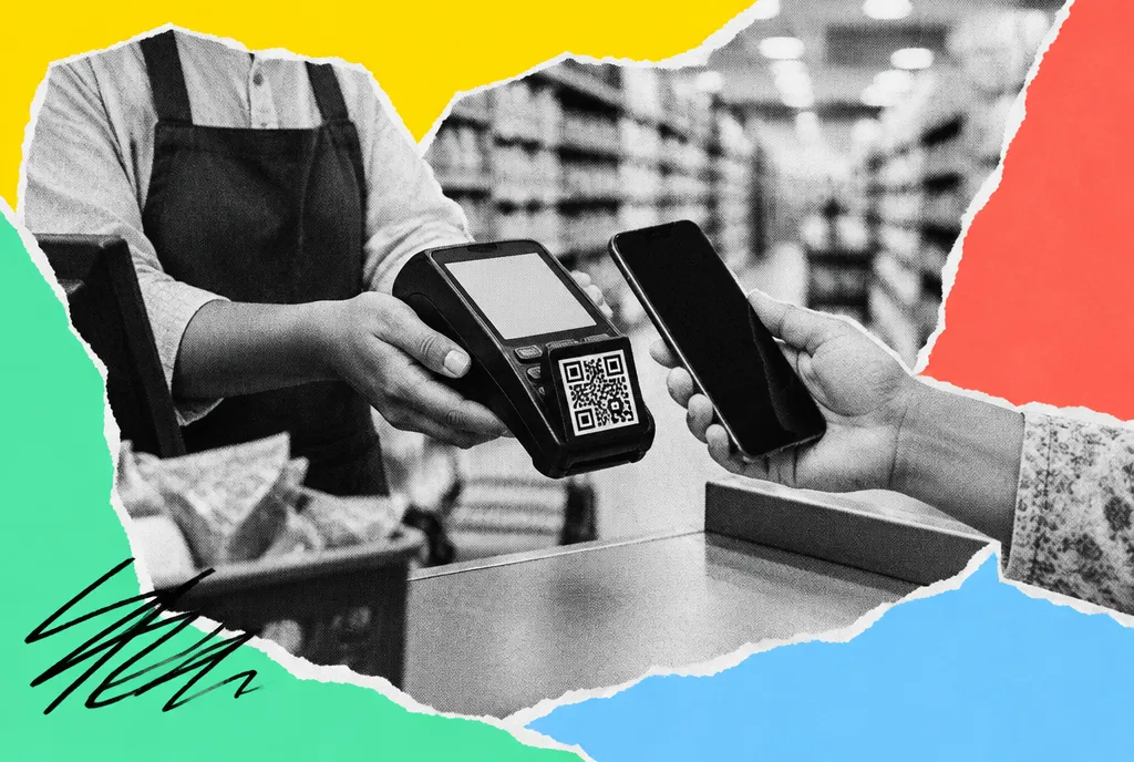 A cashier's hands at a working checkout terminal with a neutral screen, a softly blurred retail aisle behind.