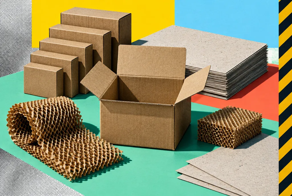 An ordered arrangement of nested cardboard cartons, recycled paper and protective packaging in earthy tones, with one open carton as the focal point.