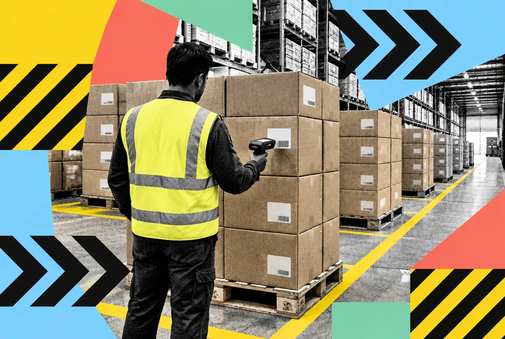 A warehouse staging area with stacked inventory in clearly marked lanes and an employee scanning cartons with a handheld device, shot on a diagonal.