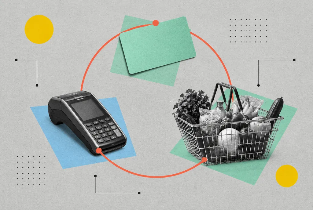 A minimal checkout terminal, an unbranded loyalty card and a customer basket joined by one continuous circular line on a light charcoal background.