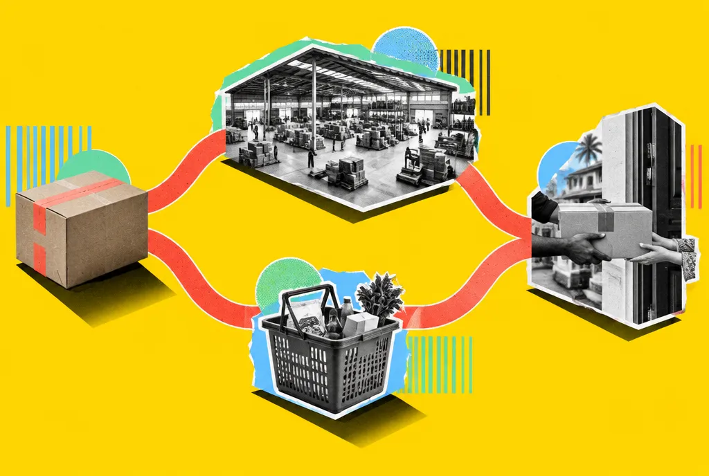 An unbranded product splitting into two paths, one to a marketplace symbol and one to a brand-owned cart, both rejoining at a returning shopper.