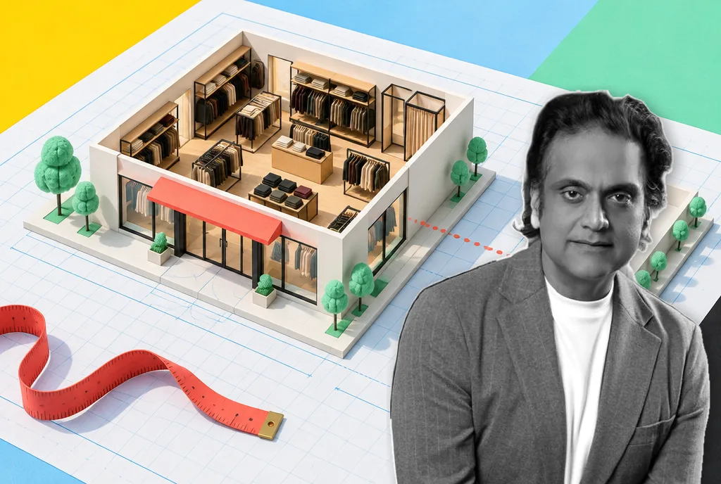 Sundeep Chugh in a pinstriped blazer, cut out in black and white beside a miniature model of a fashion store on blueprint paper, with a coral tape measure.