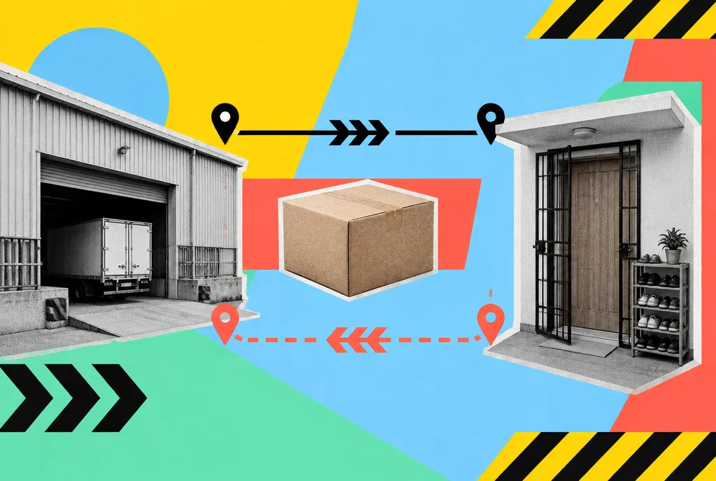 Two opposing routes linking a warehouse, an unbranded parcel and a customer's doorway, with the return route drawn in muted red and the outbound route in charcoal.