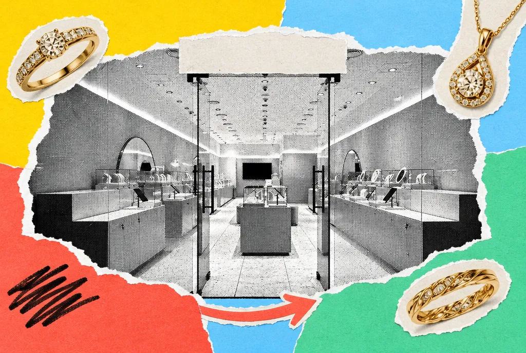 A jewellery boutique entrance in black-and-white halftone with a blank sign, gold rings and a pendant cut out on torn yellow, coral, mint and sky paper.