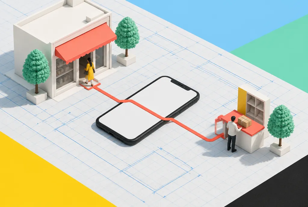 A single continuous red pathway running from a store doorway across a simplified shopping screen to a collection counter, drawn with minimal objects.