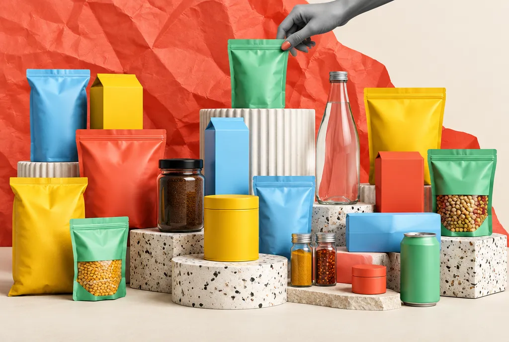 Unbranded tea, salt, pulse and coffee packs stacked on plinths against crumpled coral paper, a black-and-white hand placing a tea pouch on top.