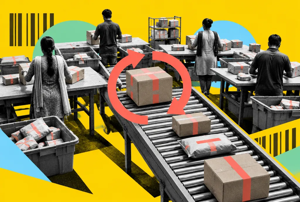 Unbranded returned parcels moving through a processing area with workers at sorting stations, seen from a slightly elevated angle.