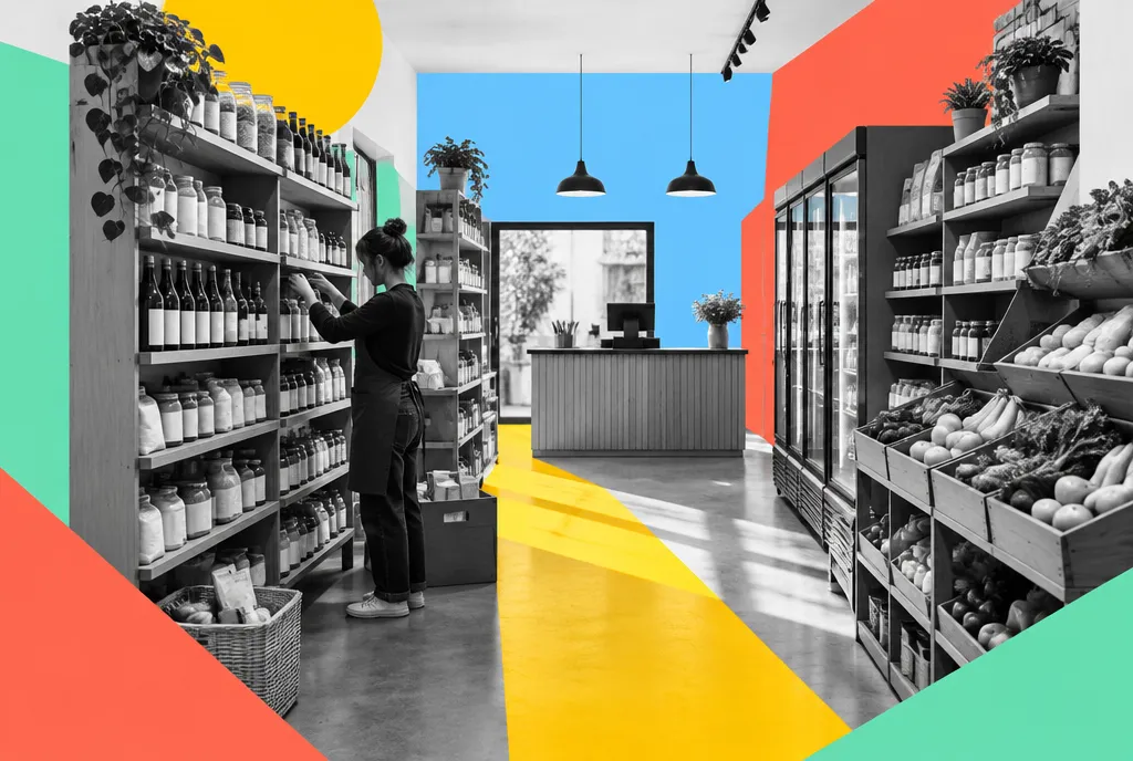 A compact neighbourhood grocery interior with shelves running towards a small checkout counter, where a staff member restocks products.
