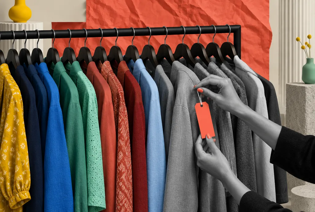 A densely packed garment rail shading from rich colours into muted greys, a single red sale tag catching the light against dark negative space.
