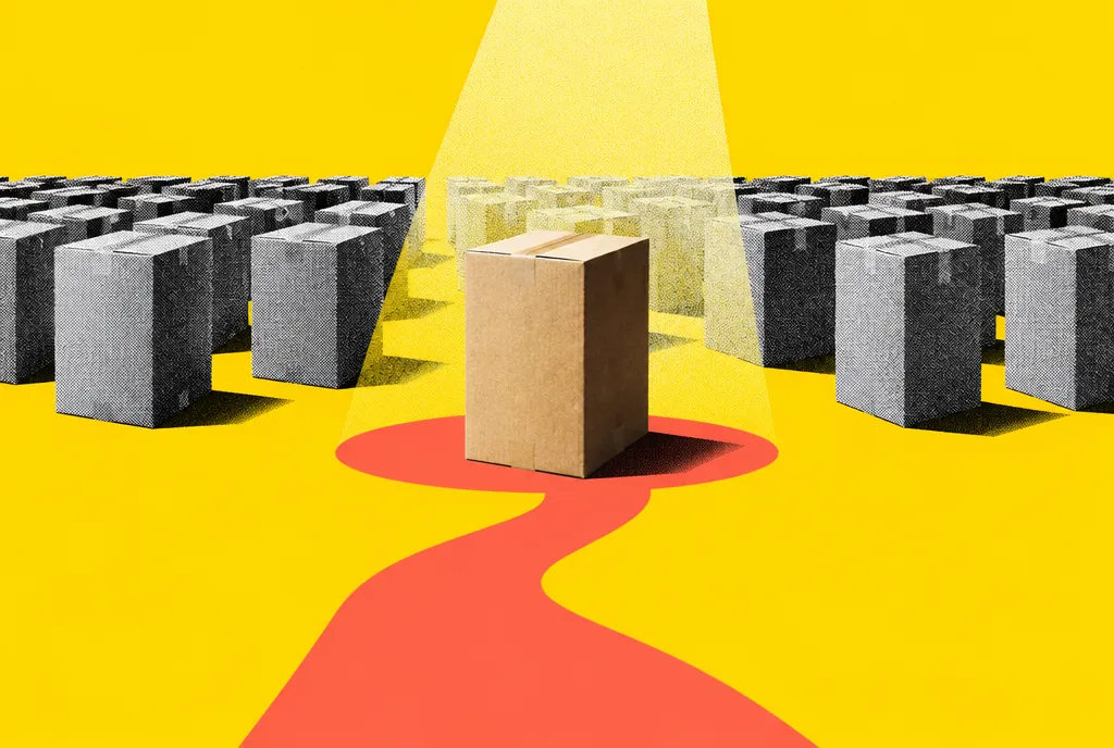 One product box under a strong spotlight marked with a restrained red highlight, while rows of similar plain boxes recede into shadow.