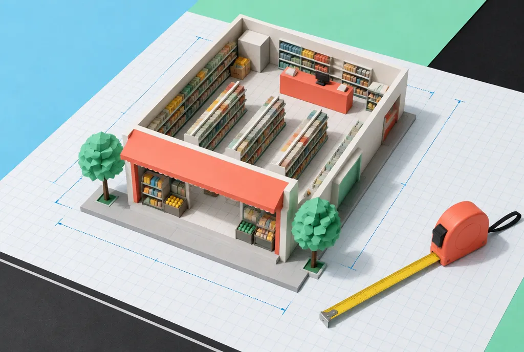 A neighbourhood store seen from its entrance looking inward, with shelving, the checkout counter and open floor area visible.