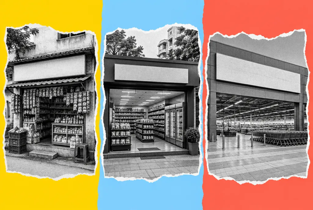 Three different store formats, a compact express outlet, a neighbourhood store and a large-format shop, photographed side by side at the same eye-level angle.