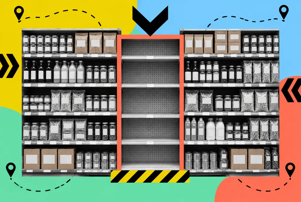 A symmetrical, straight-on view of a store shelf with one empty bay in the middle, surrounded by fully stocked products on either side.