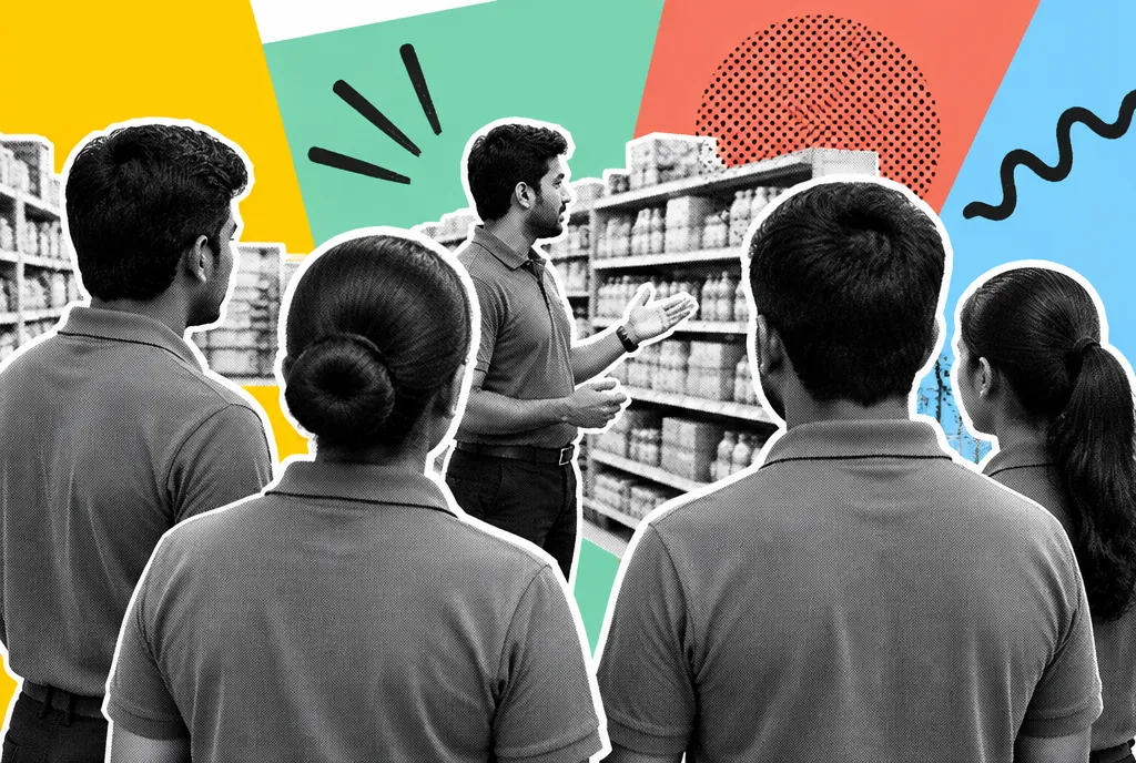 A store manager briefing staff on the sales floor before opening, seen from slightly behind the team, with the manager as the focal point.