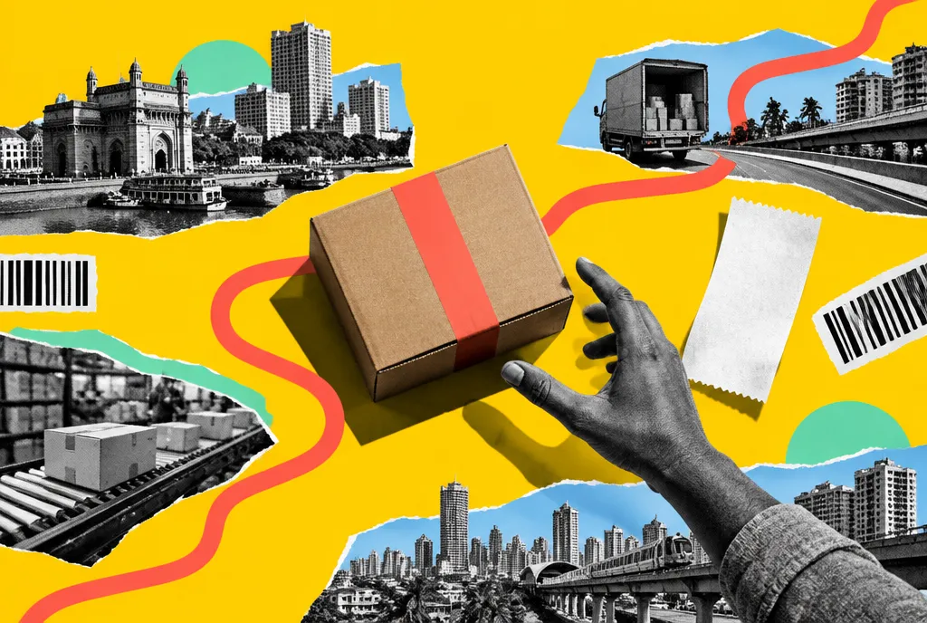 An unbranded cardboard box seen from overhead, surrounded by paper strips marking fulfilment stages and crossed by one long red route line.