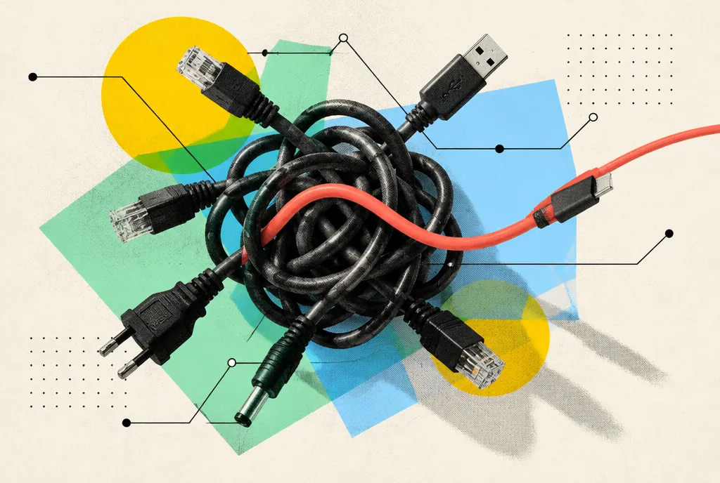 Several unbranded hardware connectors and cables twisted into a compact knot, with one red cable running free, under a dramatic side shadow on warm white.