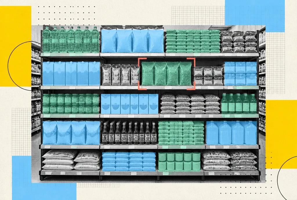 An orderly retail shelf drawn as precise rectangular blocks, one product bay picked out by a subtle scanning frame with no measurements or alerts.