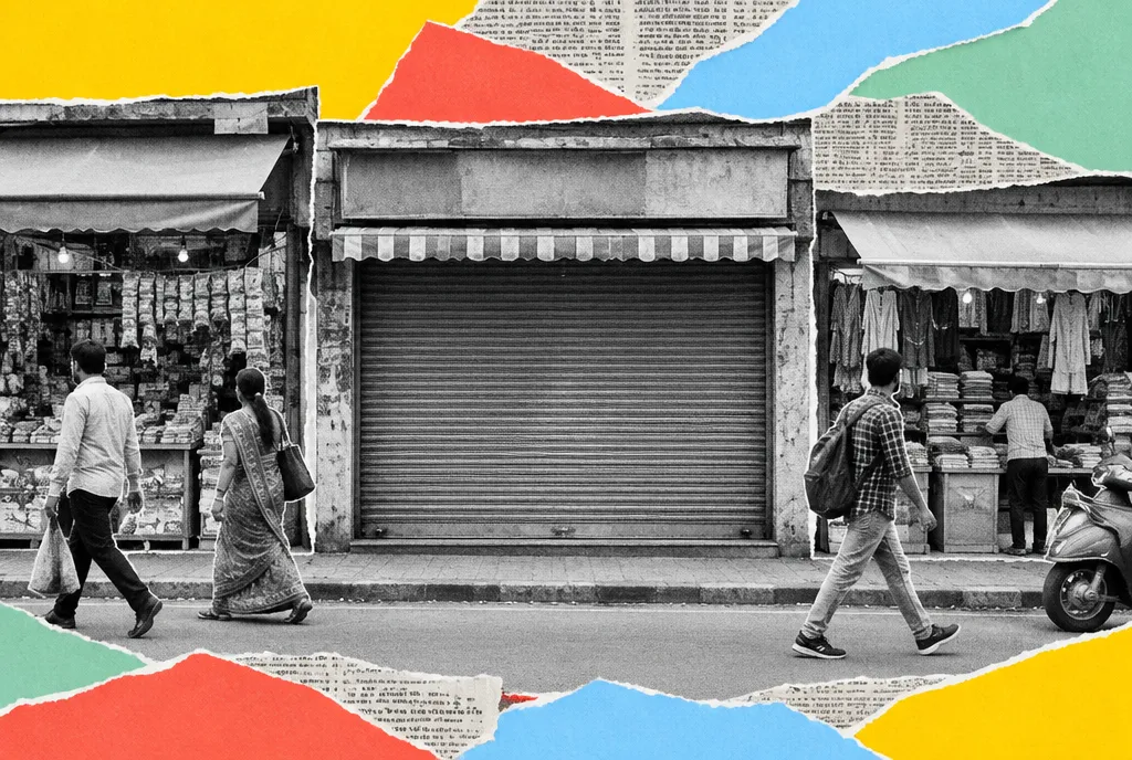 A shuttered retail unit photographed straight on from the street, with open neighbouring shops and passers-by on either side.