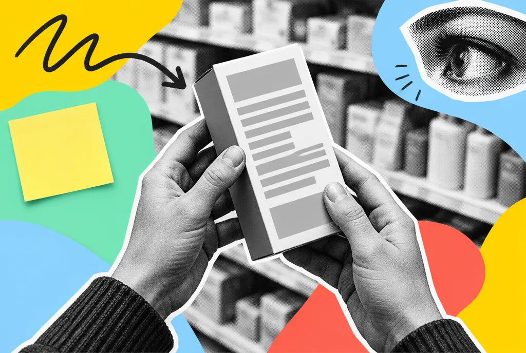 A close view of a shopper's hands turning a product to read its label in a store aisle, with alternative products blurred on the surrounding shelves.
