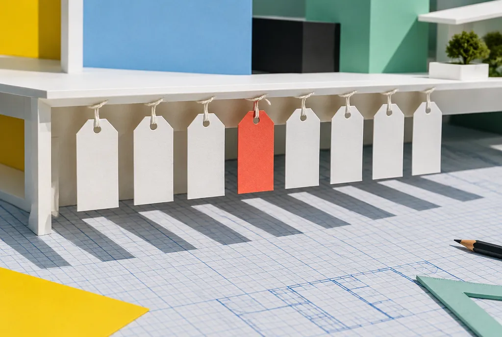 A row of plain retail price tags casting long shadows on a warm-white surface, with one muted red discount tag among them.