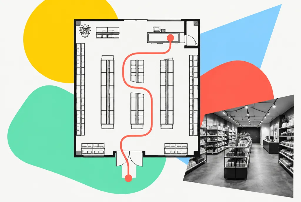 A simplified overhead floor plan of a store showing shelving, entrance and checkout, with a single red line tracing the intended customer path.