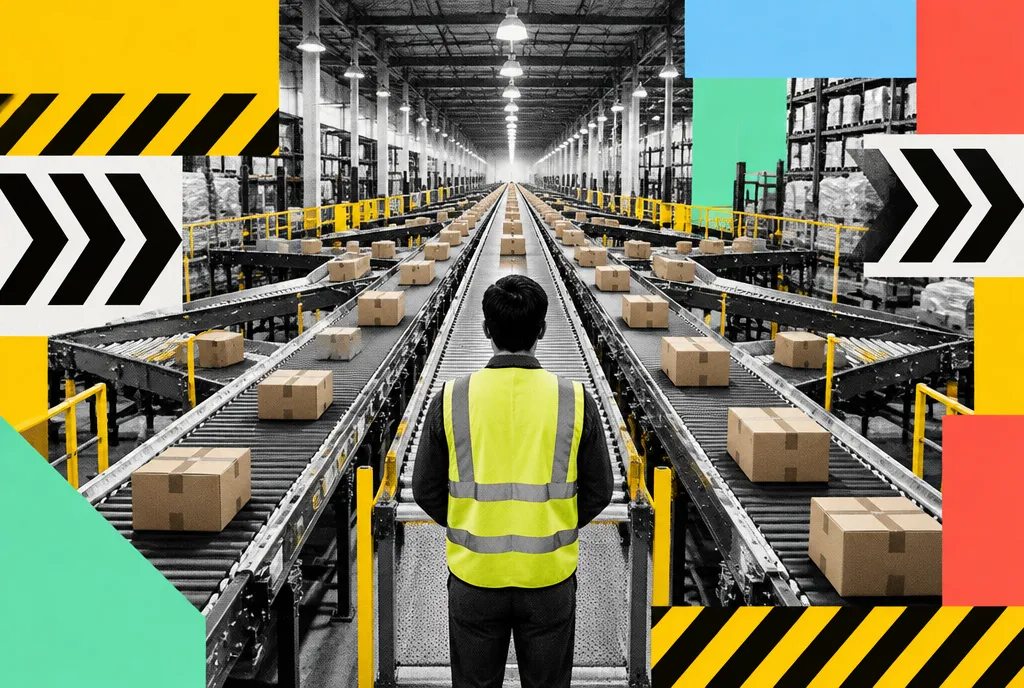 A functioning automated conveyor and sorting line in a warehouse under industrial lighting, with staff supervising the flow of cartons from a central perspective.
