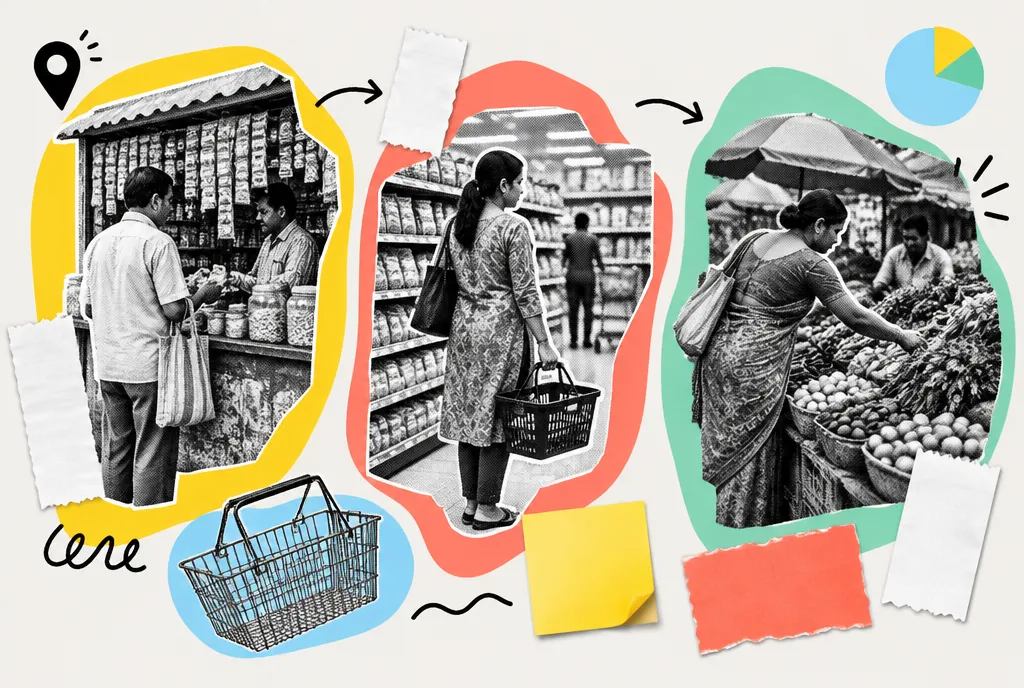 Three eye-level retail scenes from different Indian cities set side by side, each showing a distinct everyday shopping environment.