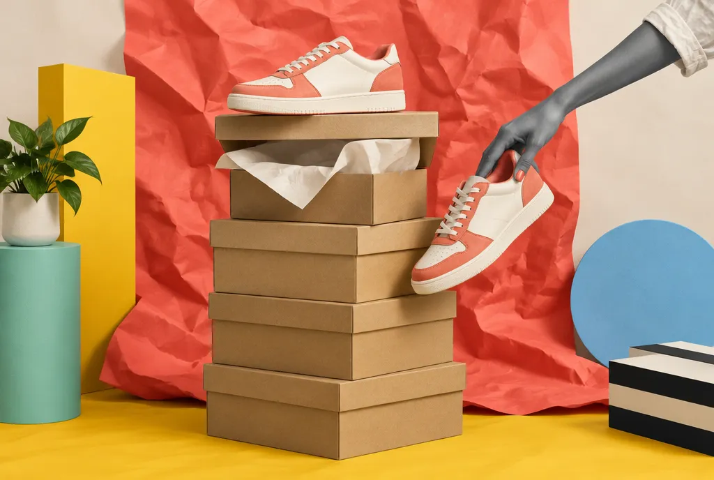 A footwear stockroom of neatly stacked shoe boxes in repeating rows, one box open and a single shoe displayed in the foreground under warm neutral light.