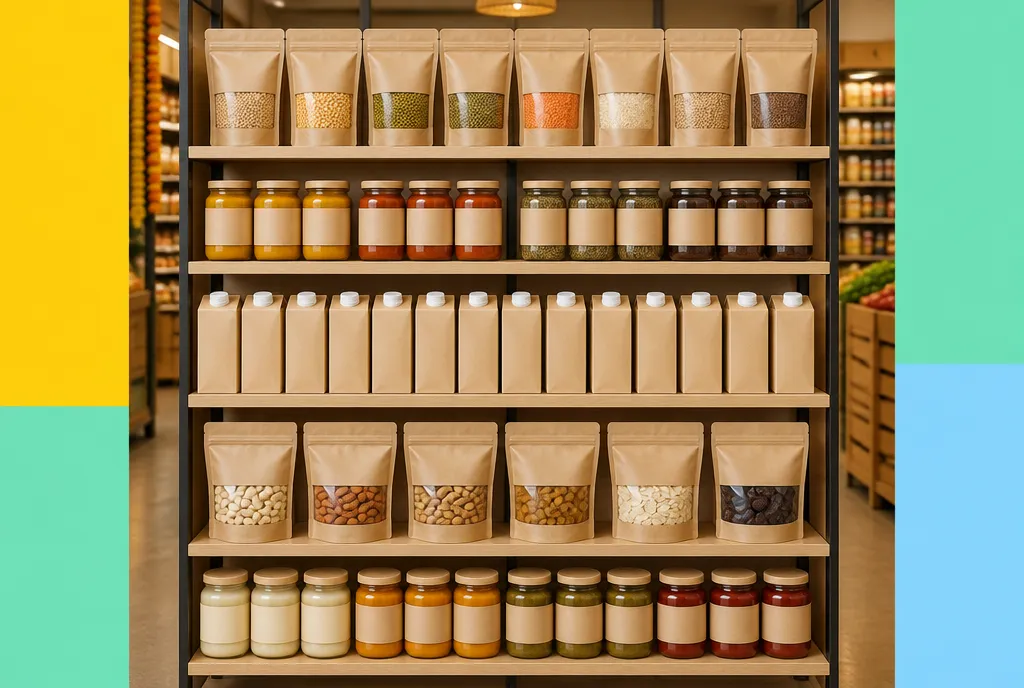 A straight-on, symmetrical view of a grocer's own-label products lined up on shelves, consistent packaging repeating across a single category bay.