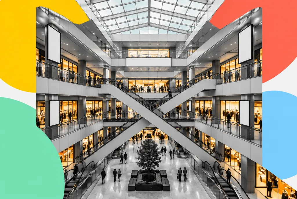 A shopping mall atrium seen from an upper-level balcony, with symmetrical floors of storefronts stacked below and visitors moving across the atrium floor.