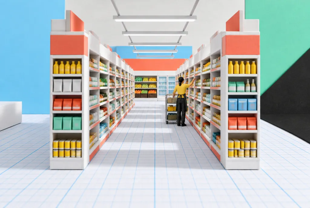 A well-stocked supermarket aisle in strong one-point perspective, shelves forming parallel lines and a staff member in the distance for scale.