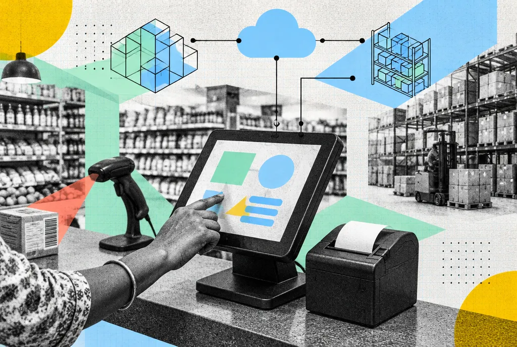 A store employee's hands working a modern POS terminal mid-checkout, the terminal sharp in the foreground and shelving softly blurred behind.